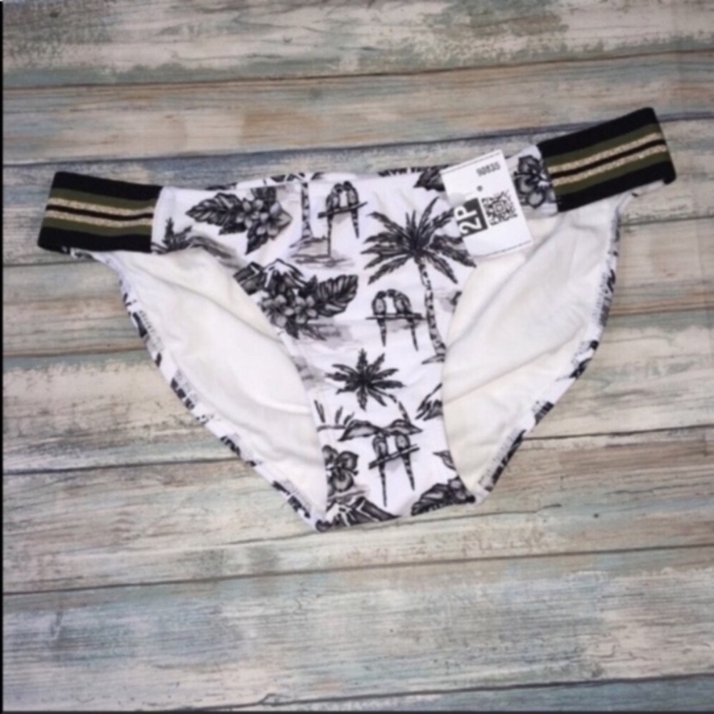 Xhilaration Black White Tropical Palm Print Bikini Bottoms Medium Striped Side - Picture 3 of 6